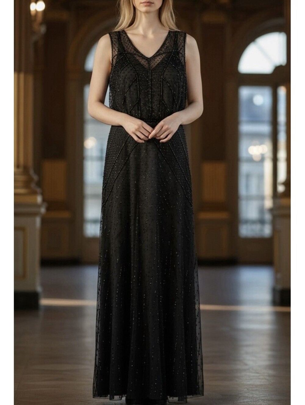 Aidan Mattox V-Neck Beaded Gown Maxi Dress Formal Ball Gown Black size 8 [COPY]